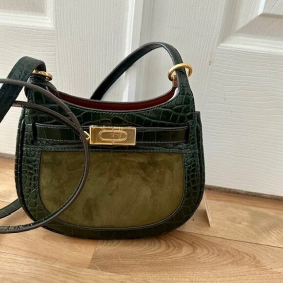 GIFT NEW TORY BURCH LEE RADZIWILL KELP GREEN CROSSBODY CROC LEATHER SUEDE $658 - Picture 14 of 16